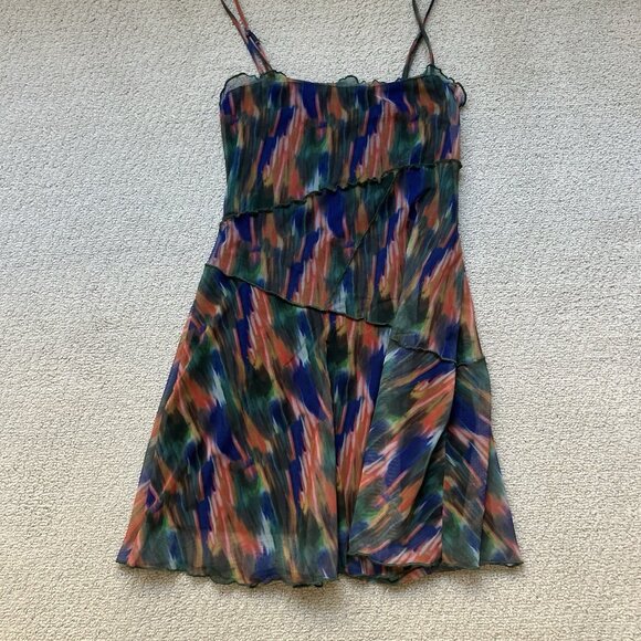 URBAN OUTFITTERS Women’s Dress Green Multi Mesh Mini Moxie Abstract Slip Size XS - Picture 4 of 11